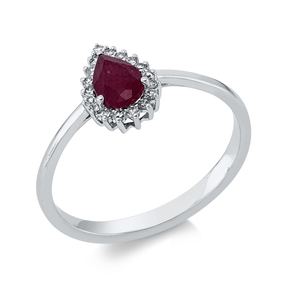 Ring Tropfen aus 750 Weißgold Rubin 0,65ct rot 18 Diamanten 0,09ct TW-SI B:9mm
