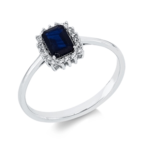 Ring aus 750 Weißgold Saphir 0,68ct blau 18 Diamanten 0,11ct TW-SI B:8,7mm