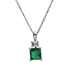 Collier aus 750 Weißgold Smaragd 1,18ct grün Diamant Baguette-Schliff 0,3ct TW-SI Collier aus 750 Weißgold Smaragd 1,18ct grün Diamant Baguette-Schliff 0,3ct TW-SI