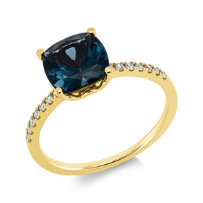 Ring aus 750 Gelbgold Topas 2,56ct London Blue 14 Brillanten 0,11ct TW-SI B:7,7mm