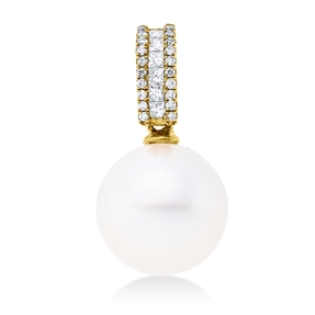 Anhänger aus 750 Gelbgold Süßwasser-Perle 11,5mm weiß 26 Diamanten 0,17ct TW-SI