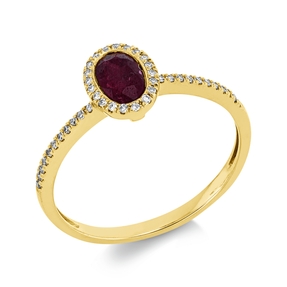 Ring aus 750 Gold Gelbgold Rubin 0,63ct rot 42 Diamanten 0,1ct TW-SI B:8mm