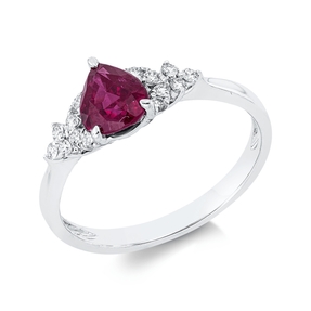 Ring aus 750 Weißgold Rubin 1,11ct rot 14 Brillanten 0,14ct TW-SI B:7,4mm