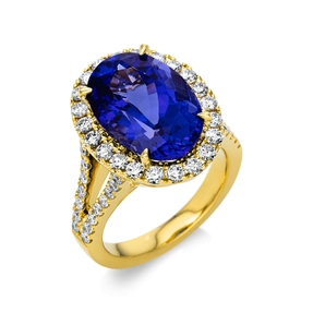 Ring aus 750 Gelbgold Tansanit 8,13ct blau 52 Brillanten 1,25ct TW-SI B:18,6mm