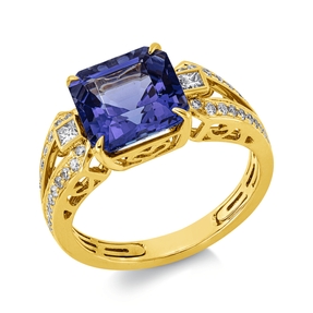 Ring aus 750 Gelbgold Tansanit 3,7ct blau 42 Diamanten 0,37ct TW-SI B:8,8mm