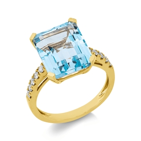 Ring aus 750 Gelbgold Topas 9,2ct skyblue 10 Brillanten 0,25ct TW-SI B:12,6mm