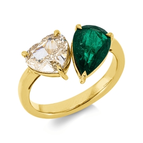 Ring aus 750 Gelbgold Smaragd 1,32ct grün Diamant Herz-Schliff 2,01ct gelb-VSI