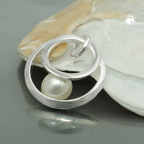 Anhänger 16mm 2 Kreise mit Süßwasserzuchtperle 925 Silber