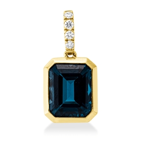 Anhänger aus 750 Gelbgold Blautopas 4,3ct London Blue 4 Brillanten 0,1ct TW-SI