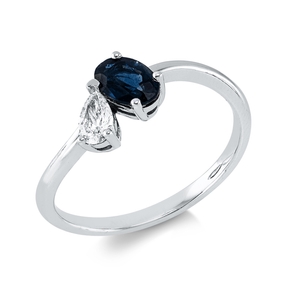 Ring aus 585 Weißgold Saphir 0,65ct blau Diamant Tropfen-Schliff 0,16ct TW-VSI/SI Ring aus 585 Weißgold Saphir 0,65ct blau Diamant Tropfen-Schliff 0,16ct TW-VSI/SI
