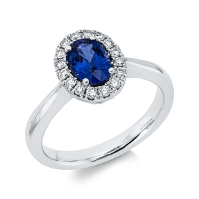 Ring aus 750 Weißgold Saphir 0,86ct blau 16 Brillanten 0,19ct TW-VSI B:10,6mm