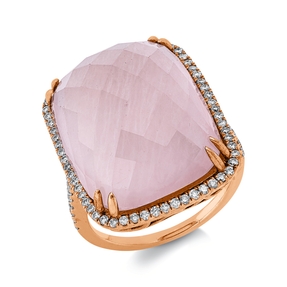 Ring aus 585 Rotgold Rosenquarz 22,6ct rosa 78 Diamanten 0,43ct TW-PI B:22,8mm