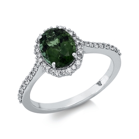 Ring aus 750 Weißgold Turmalin 1,44ct grün 42 Brillanten 0,26ct TW-SI B:10,7mm
