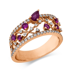 Ring aus 750 Rotgold 7 Rubine 0,61ct rot 61 Brillanten 0,4ct TW-SI B:10mm