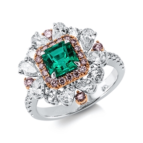 Ring 750 Gold weiß/rot Smaragd 0,93ct grün 48 Diamanten 1,54ct F-VVS/VS B:15,8mm Ring 750 Gold weiß/rot Smaragd 0,93ct grün 48 Diamanten 1,54ct F-VVS/VS B:15,8mm