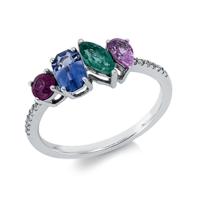 Ring aus 750 Weißgold 4 Farbsteine 1,18ct mehrfarbig 14 Brillanten 0,06ct TW-SI