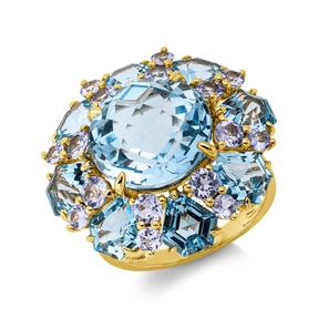 Ring aus 750 Gold Gelbgold 25 Tansanite 15,1ct blau B:22,5mm