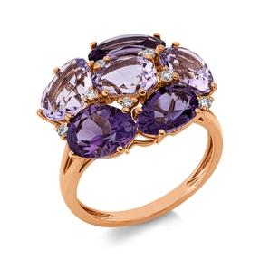 Ring aus 750 Rotgold 6 Amethyste 5,7ct lila 7 Brillanten 0,11ct TW-SI B:16mm