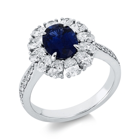 Ring aus 750 Weißgold Saphir 1,65ct blau 24 Diamanten 1,17ct B:14,5mm