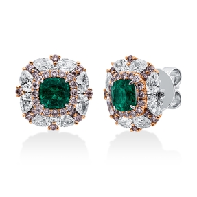 Ohrstecker aus 750 Gold weiß/rot 2 Smaragde 1,3ct grün 72 Diamanten 2,26ct