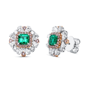 Ohrstecker 750 Gold weiß/rot 2 Smaragde 1,37ct grün 68 Diamanten 2,49ct F-VVS/VS
