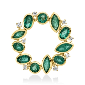 Anhänger 750 Gelbgold 11 Smaragde 2,42ct grün 8 Brillanten 0,16ct TW-SI Ø23,6mm