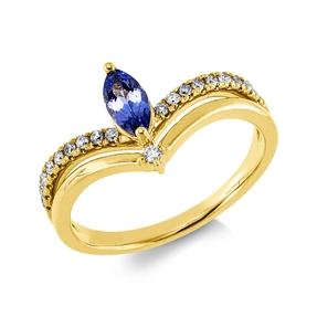 Ring in 585 yellow gold with blue tanzanite, 0.36 ct and 19 brilliant-cut diamonds 0.15 ct W-PI, width: 10.3 mm
