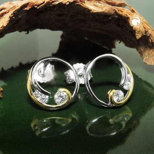 Ohrstecker Ohrring 9mm Kreis mit Spirale bicolor mit Zirkonias 925 Silber
