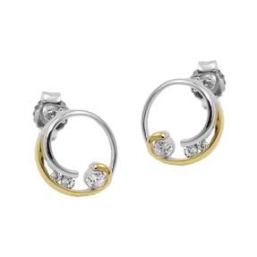 Paar kleine Ohrstecker Kreise mit Spiralen & Zirkonia 9mm 925 Silber bicolor