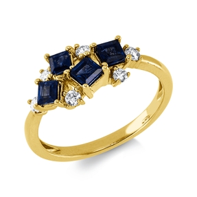 Ring aus 585 Gelbgold 4 Saphire 0,88ct blau 6 Brillanten 0,2ct W-SI/PI B:7,9mm