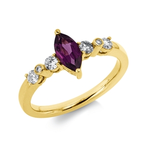 Ring aus 585 Gelbgold Rhodolith 0,66ct rot 6 Diamanten 0,25ct W-PI B:9,2mm