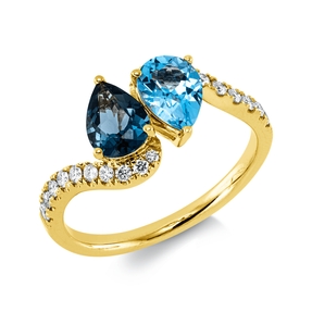 Ring aus 585 Gelbgold 2 Topase 1,58ct blau 20 Brillanten 0,24ct W-SI/PI B:9,6mm