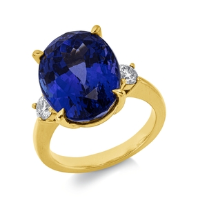 Ring aus 750 Gelbgold Tansanit 13,58ct blau 2 Brillanten 0,41ct TW-SI B:15,2mm