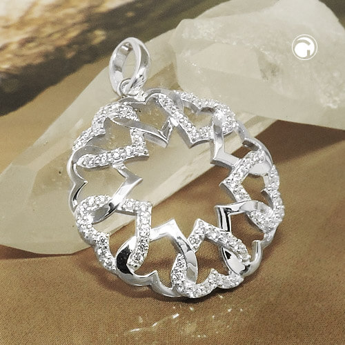 Anhänger 21mm Kreis aus Herzen glänzend und mit Zirkonias 925 Silber
