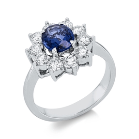 Ring aus 750 Weißgold Saphir 1,38ct blau 10 Brillanten 1,11ct TW-VSI/SI B:14,6mm