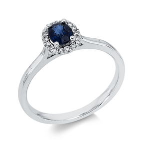Ring aus 750 Weißgold Saphir 0,5ct blau 14 Brillanten 0,07ct TW-SI B:7,6mm