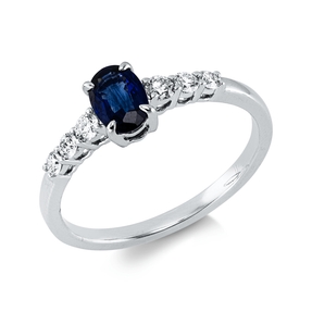 Ring aus 750 Weißgold Saphir 0,58ct blau 6 Brillanten 0,2ct TW-SI B:6mm