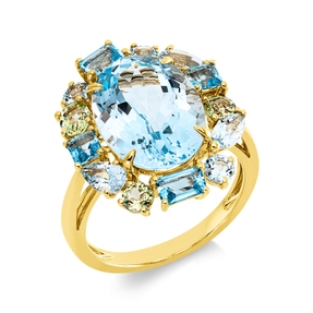 Ring aus 750 Gold Gelbgold 14 Peridote 10,3ct grün B:21mm