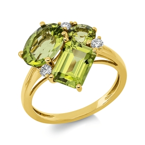 Ring aus 750 Gelbgold 3 Peridote 4,7ct grün 3 Brillanten 0,15ct TW-SI B:15,3mm
