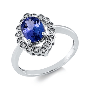 Ring aus 750 Weißgold Tansanit 1,47ct blau 16 Brillanten 0,08ct F-SI B:14,8mm