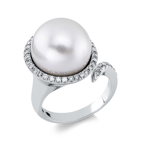 Ring aus 750 Weißgold Süßwasser-Perle 12,4mm weiß 41 Brillanten 0,36ct F-SI