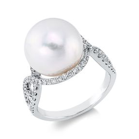Ring 750 Weißgold Süßwasser-Perle 12,1mm weiß 68 Brillanten 0,5ct F-SI B:14,6mm