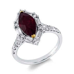 Ring aus 750 Gold gelb/weiß Rubin 3,03ct rot 32 Diamanten 1ct F-SI B:18mm