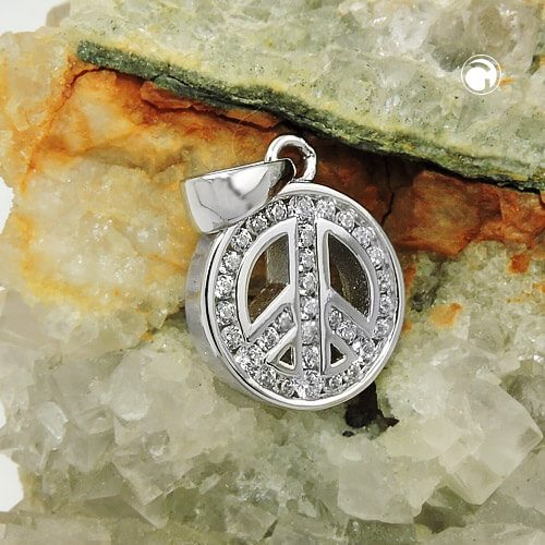Anhänger 14.5x12x3mm Peace-Zeichen mit Zirkonias rhodiniert 925 Silber