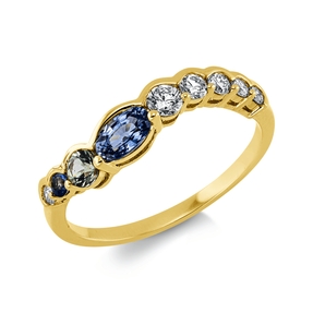 Ring aus 750 Gelbgold 3 Saphire 0,53ct blau 6 Brillanten 0,22ct TW-SI B:4mm