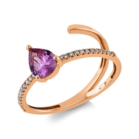 Ring in 750 red gold with pink sapphire, 0.67 ct and 24 brilliant-cut diamonds 0.09 ct TW-SI, width: 10.2 mm Ring in 750 red gold with pink sapphire, 0.67 ct and 24 brilliant-cut diamonds 0.09 ct TW-SI, width: 10.2 mm