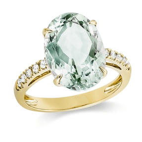 Ring aus 750 Gelbgold Amethyst 5,6ct grün 10 Brillanten 0,2ct TW-SI B:13,7mm
