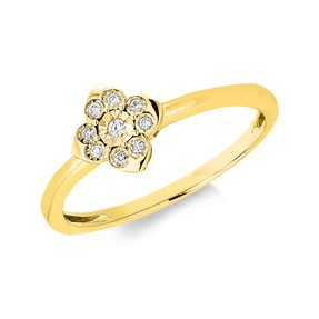Ring aus 750 Gelbgold 9 Brillanten 0,05ct TW-SI B:7,3mm Fassung rhodiniert