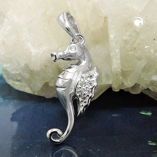 Anhänger 22x10mm Seepferdchen mit Zirkonias glänzend rhodiniert 925 Silber