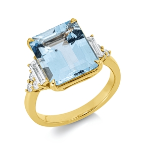 Ring aus 750 Gelbgold Aquamarin 4,89ct blau 8 Diamanten 0,48ct TW-SI B:12,3mm